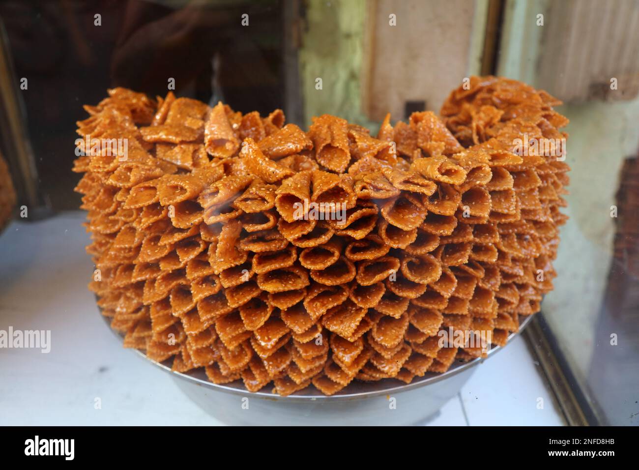 Moroccan halwa chebakia pastry (also known as shebakia). Moroccan sweet food. Cuisine of Morocco