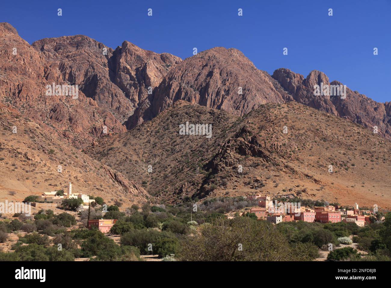 Anti-Atlas mountains landscape and mosque near Tafraout, Morocco. Stock Photo