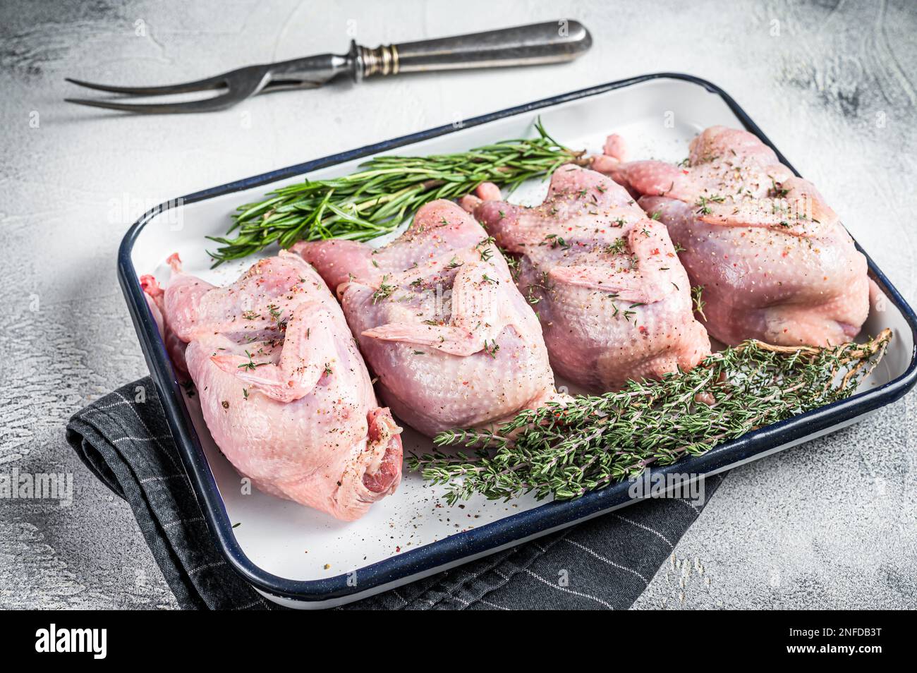 Raw quail meat with spices, garlic and herbs ready to cooking in baking dish. White background