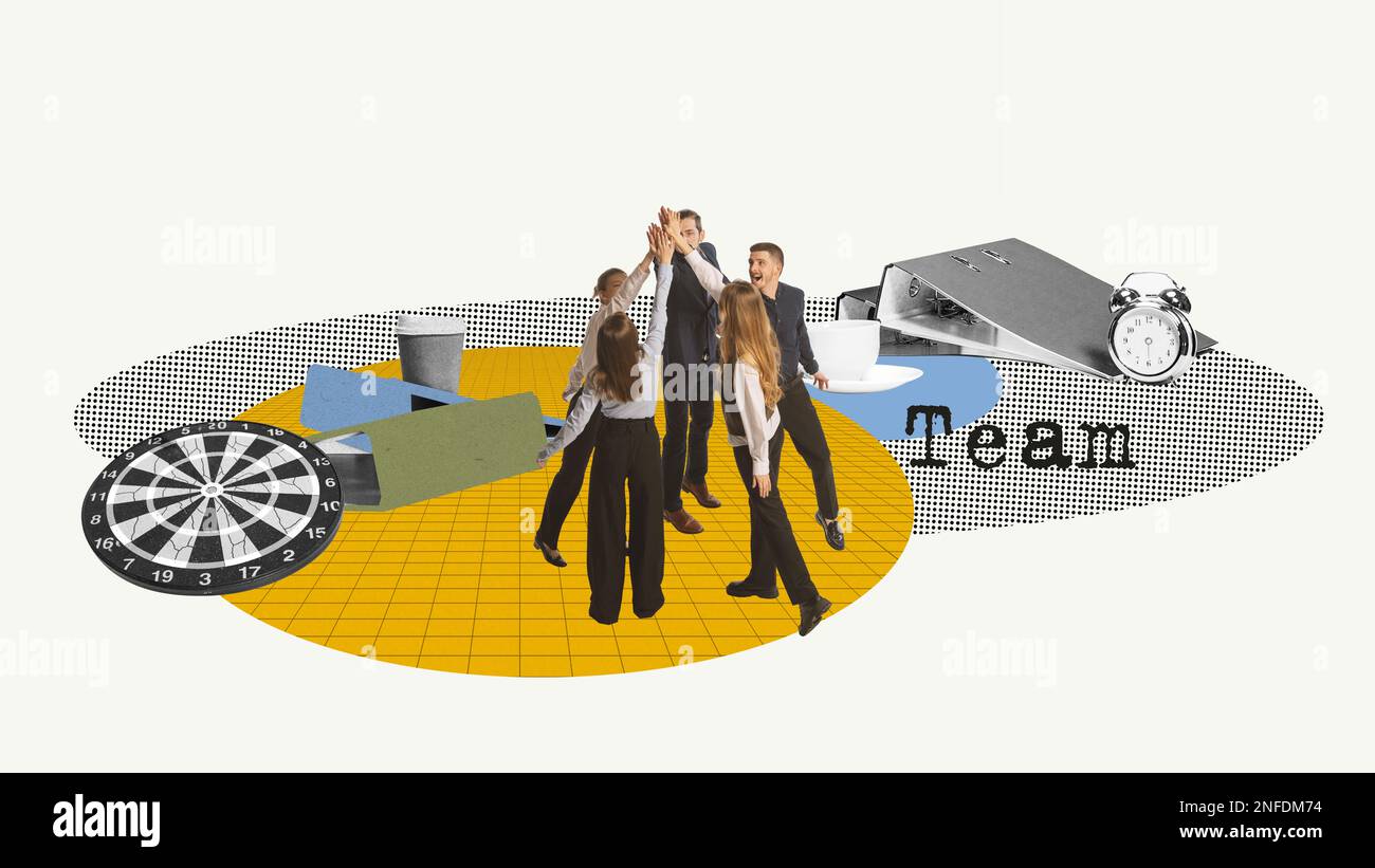 Contemporary art collage. Happy motivated employees giving high five to ...