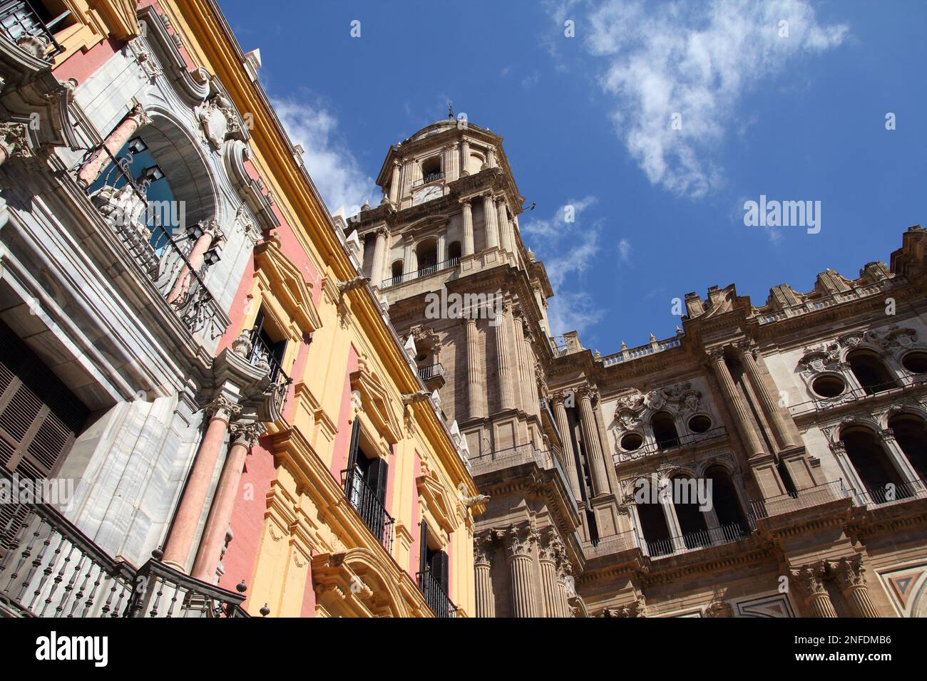 Malaga landmark architecture in Andalusia region of Spain. Cathedral exterior. Spain landmarks. Stock Photo