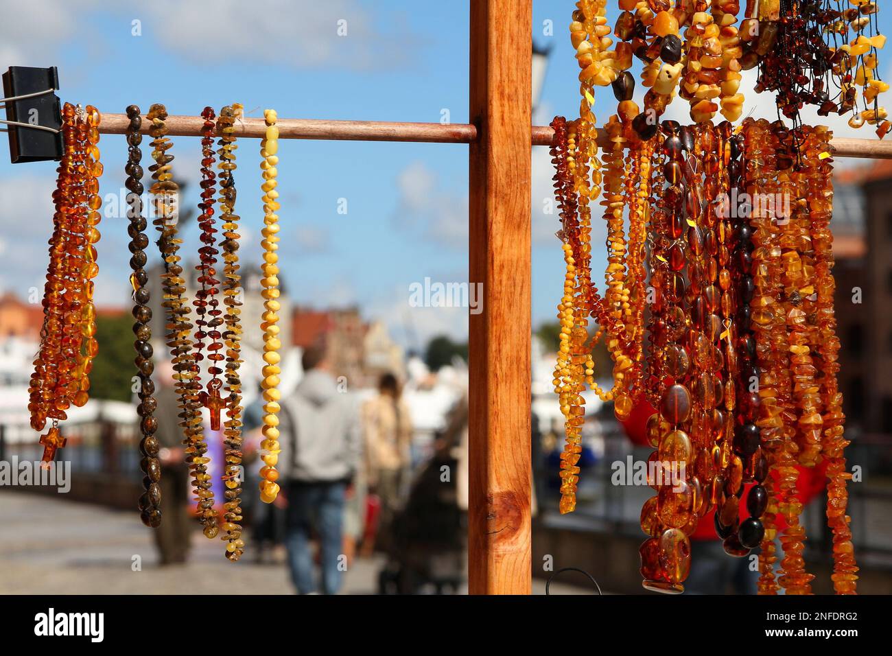 Amber necklaces in souvenir store in Gdansk, Poland. Baltic amber is a typical product from North Poland. Stock Photo