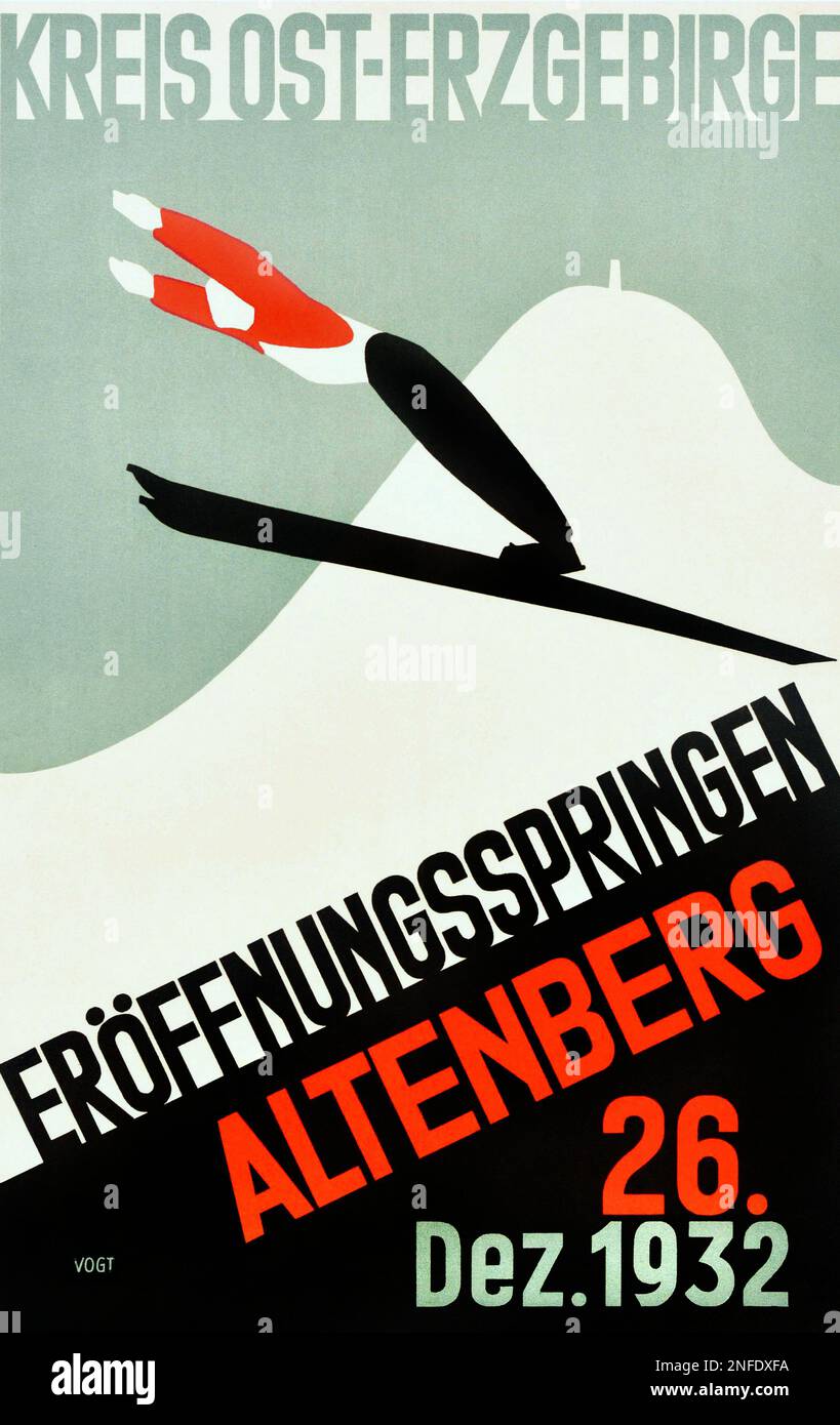 Vintage 1930s Art Deco winter sport poster for the Kreis Ost-erzgebirge Eroffnungsspringen Altenberg.26 December 1932 Stock Photo