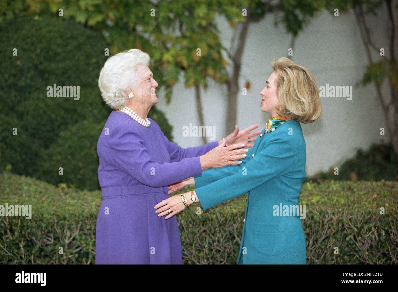 First Lady Barbara Bush, left, greets First Lady-to-be Hillary Clinton ...