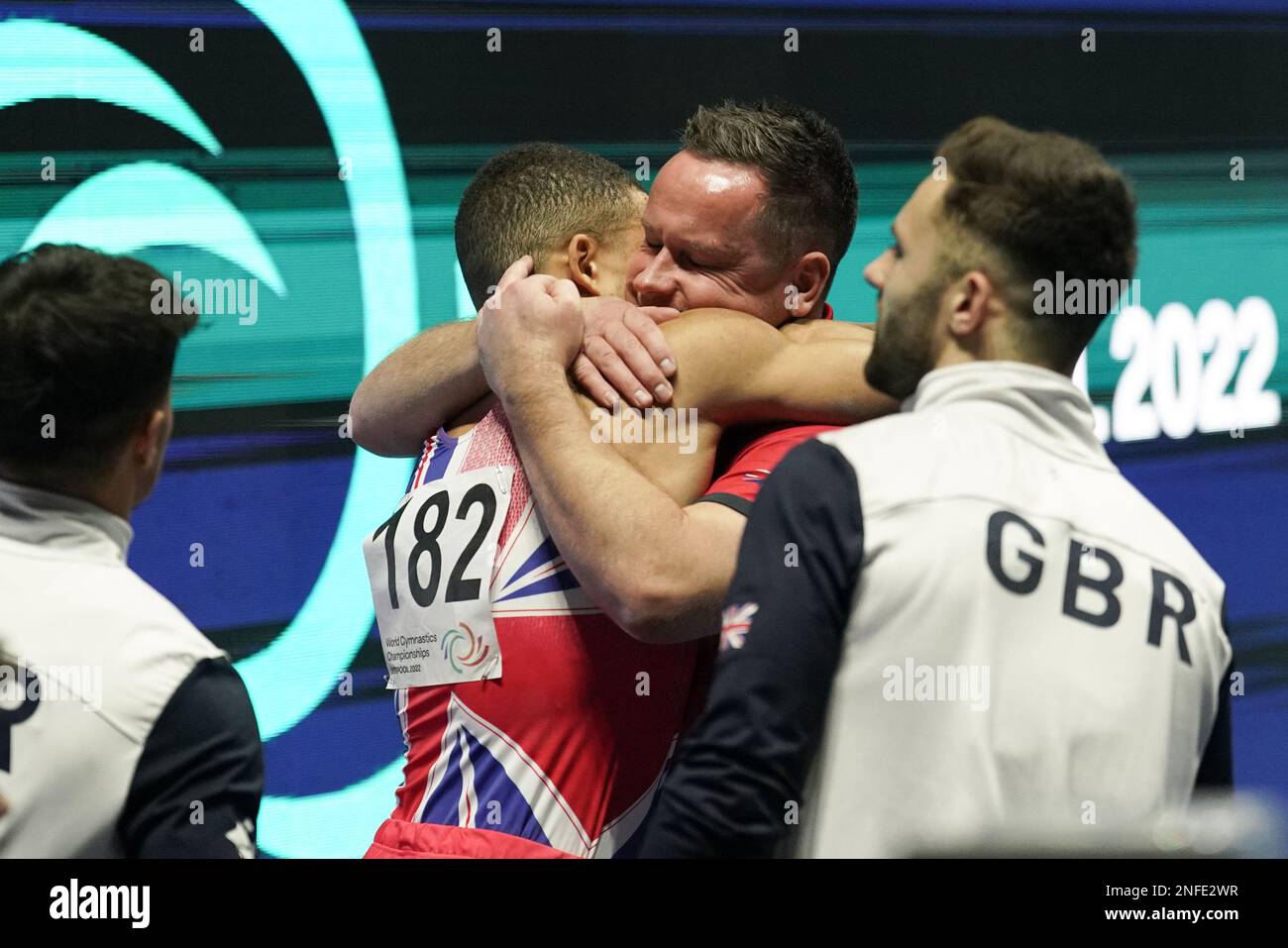 2022 World Gymnastics Championships. Liverpool.2.11.22. Mens Team Championships.GBR Team celebrate. Stock Photo
