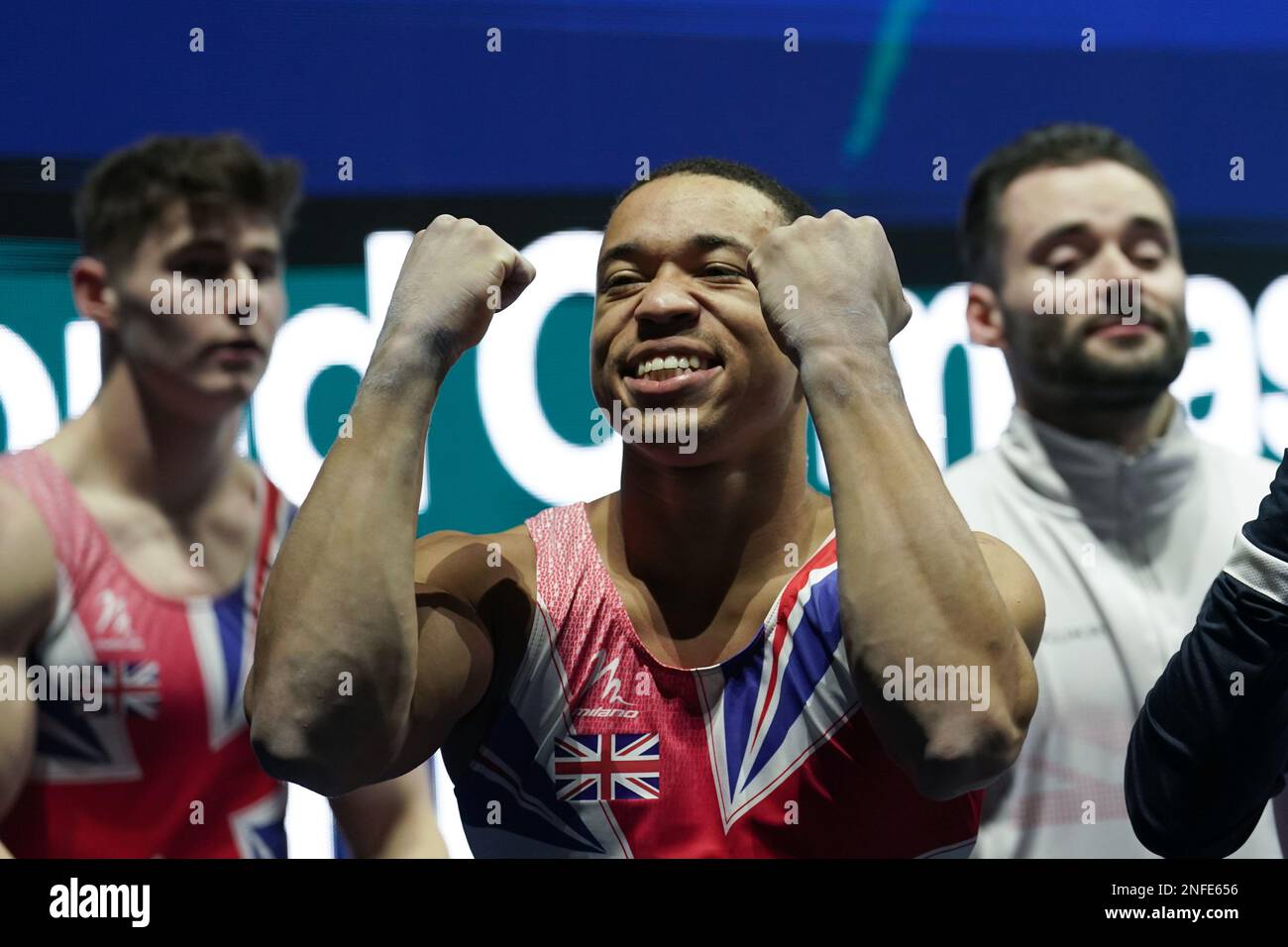 2022 World Gymnastics Championships. Liverpool.2.11.22. Mens Team Championships.GBR Team celebrate. Stock Photo