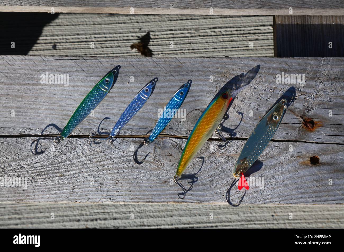 Fishing lures for fishing in Norway. Metal slug type lures for spin fishing  method of angling Stock Photo - Alamy
