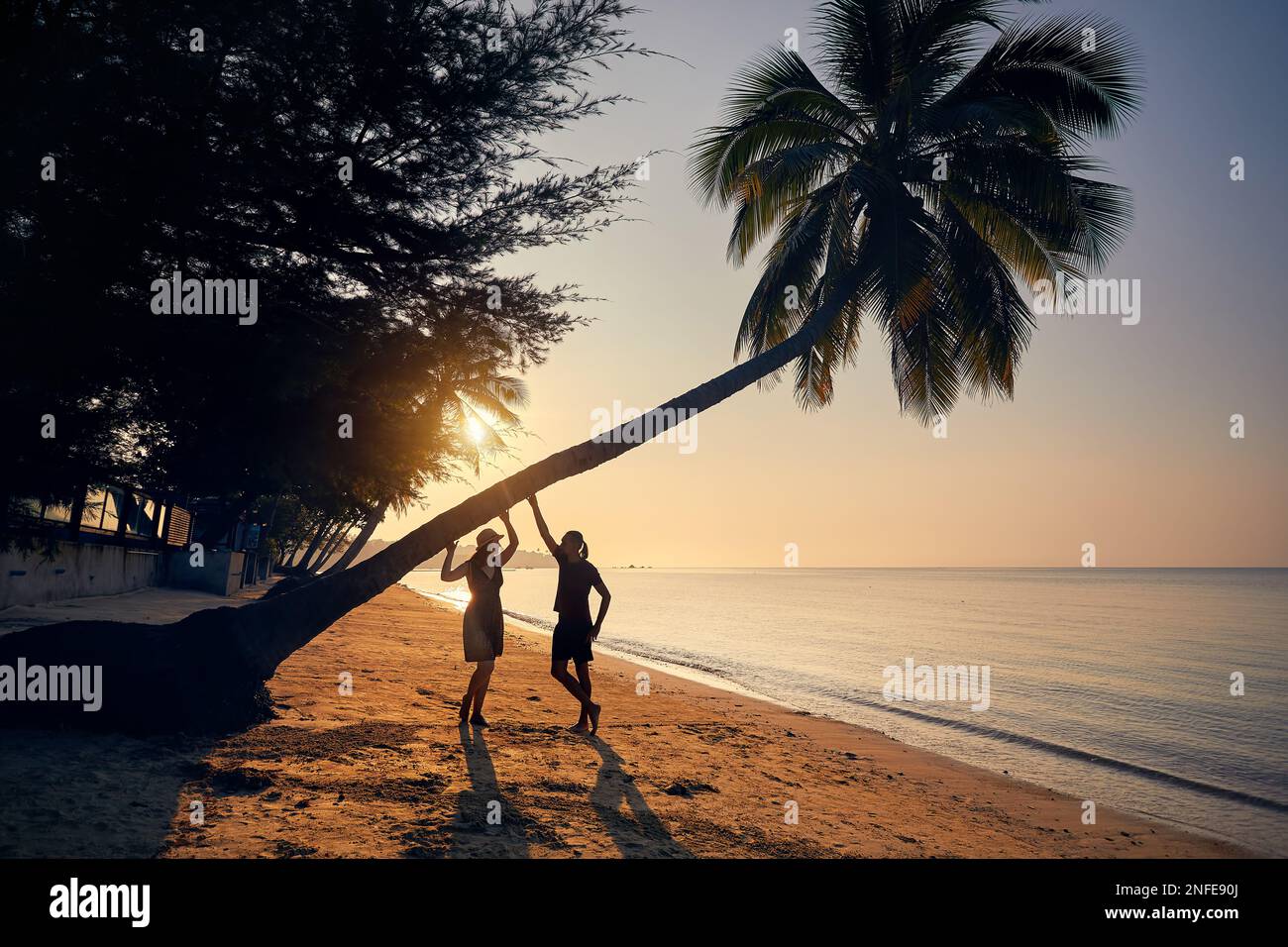 Happy couple in silhouette on the tropical beach near palm tree of Phi Phi island in Southern Thailand. Travel magazine vacation concept. Stock Photo