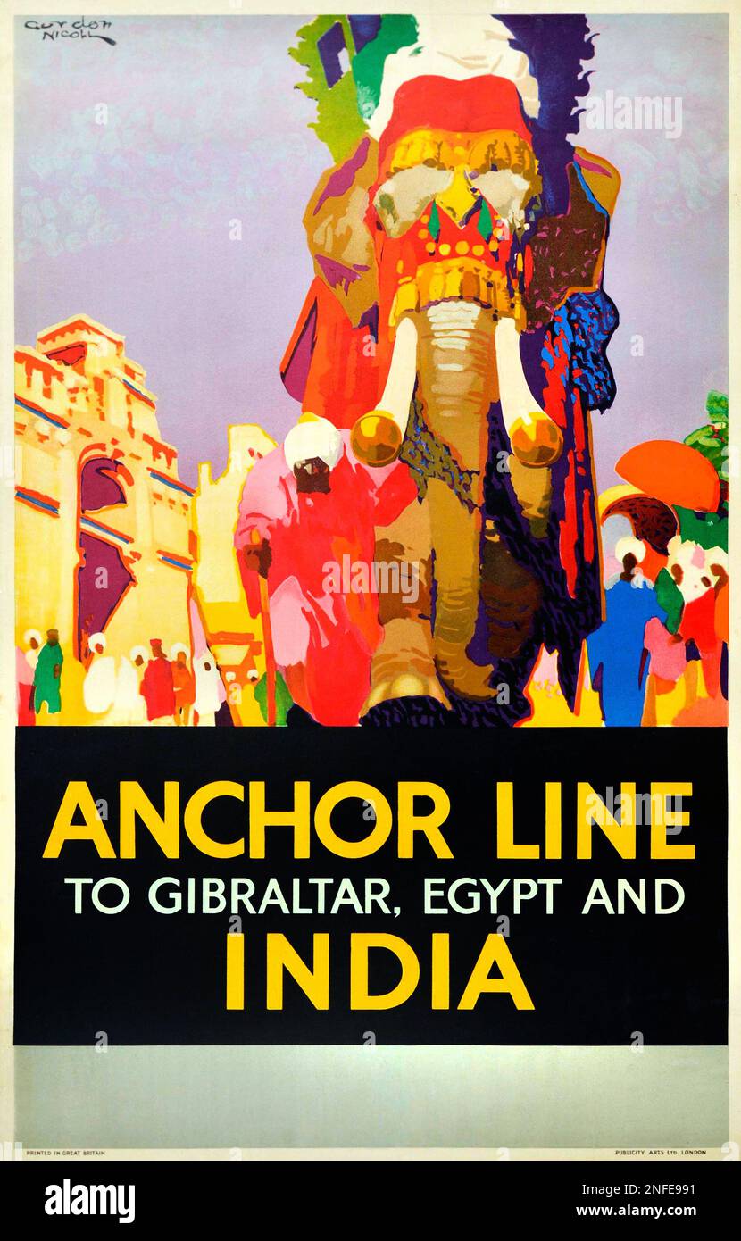 Vintage Anchor Line Steamship Travel Poster - Anchor Line To Gibraltar, Egypt And India. Anchor Line was a Scottish steamship company founded in 1855 Stock Photo