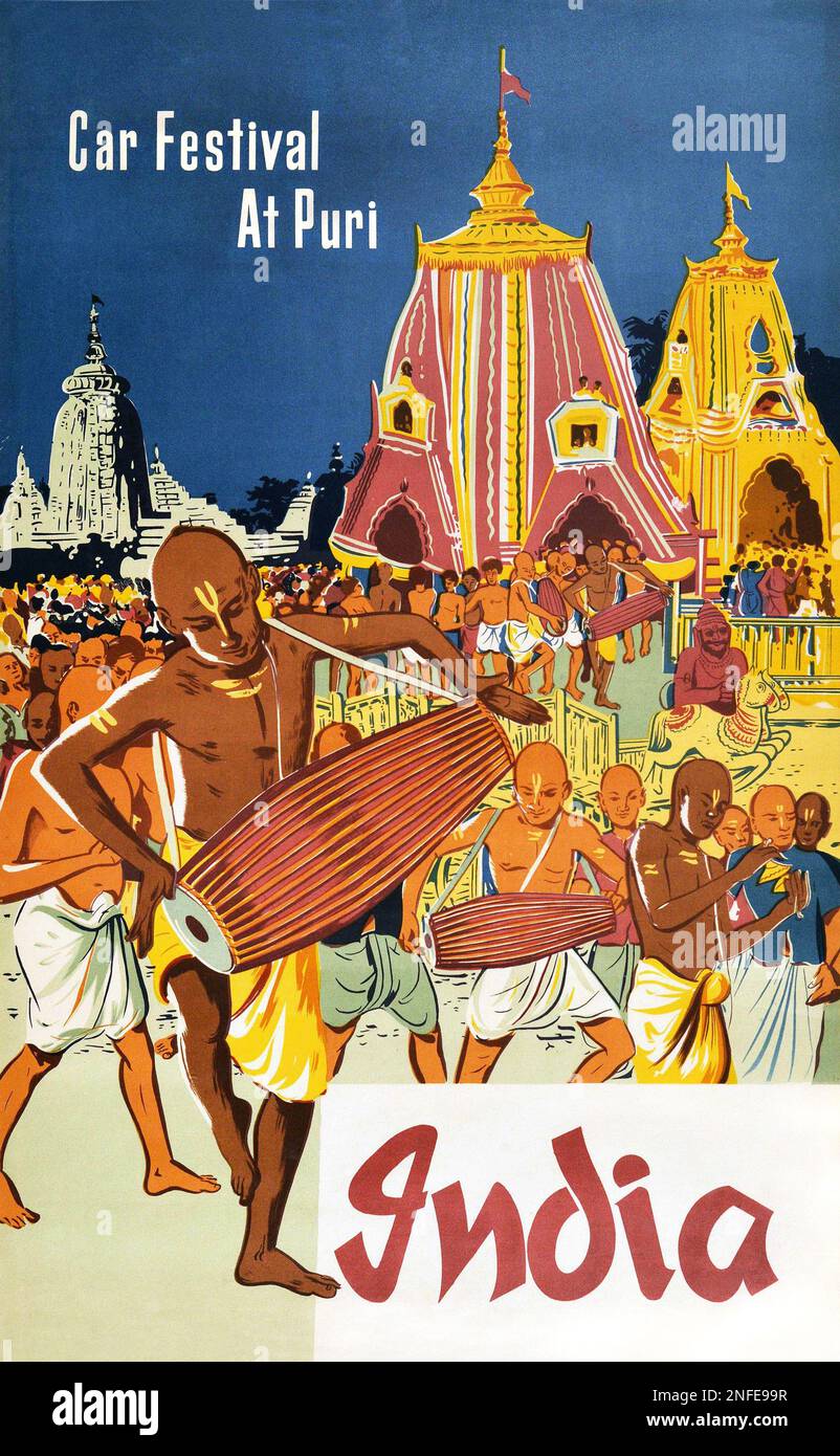 Vintage India Travel Poster - Car festival at Puri-RATHA YATRA, the Festival of Chariots:  - the temple town in Odisha Stock Photo