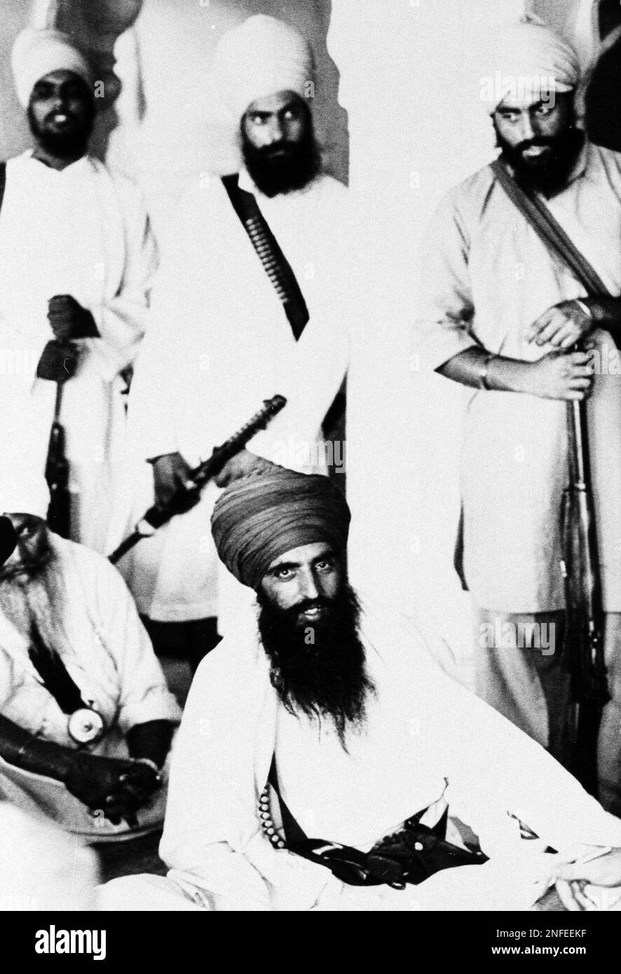 Sikh militant leader Jarnail Singh Bhindranwale is seated in the Golden Temple in Amritsar, northern India, June 6, 1984. (AP Photo/Sondeep Shankar) Stock Photo