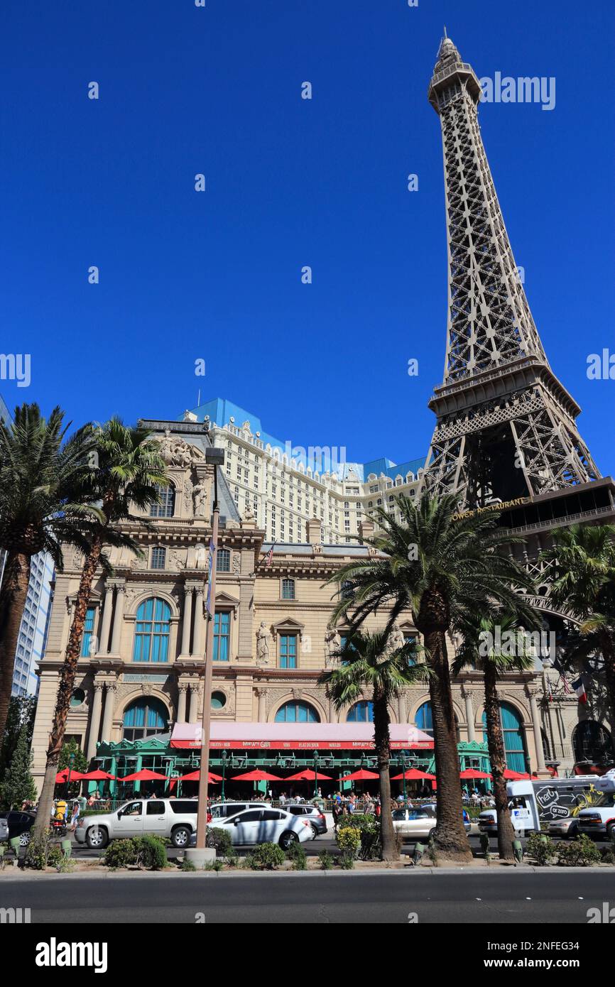 LAS VEGAS, USA - APRIL 14, 2014: People visit Paris Las Vegas casino hotel in Las Vegas. The hotel is among 30 largest hotels in the world with 2,916 Stock Photo