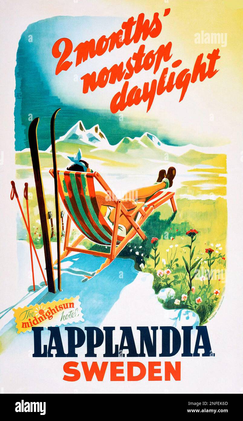 Vintage 1950s Swedish Winter Sports Travel Poster - Lapplandia. Sweden. Lapland Stock Photo