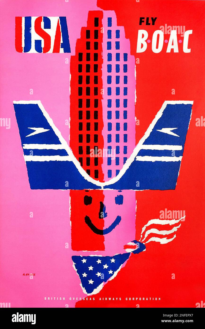 VINTAGE 1950s Airline Travel Poster: USA Fly BOAC Airline Travel .1955 Stock Photo