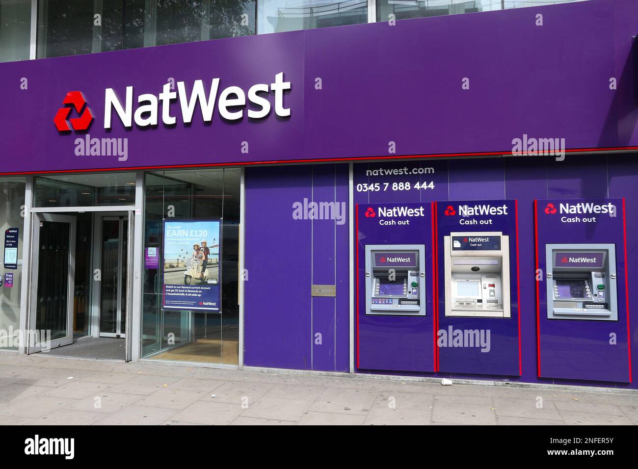 LONDON, UK JULY 7, 2016 Cash machines of NatWest bank branch in London. National Westminster