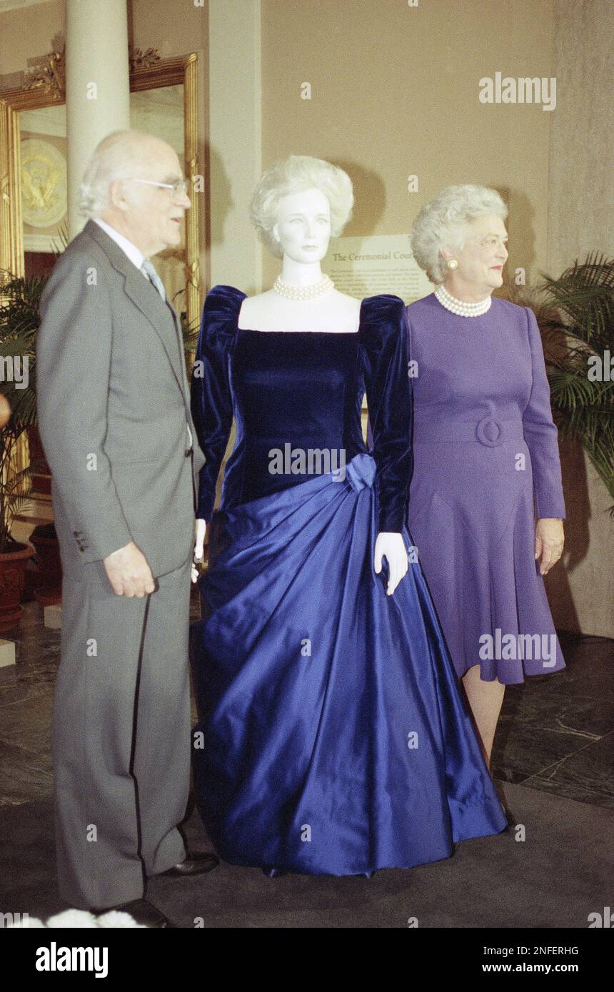 First lady Barbara Bush presents her inaugural gown to the Smithsonian Institution in Washington on Tuesday Jan. 9 1989 where it will be displayed along with the collection of the gowns from