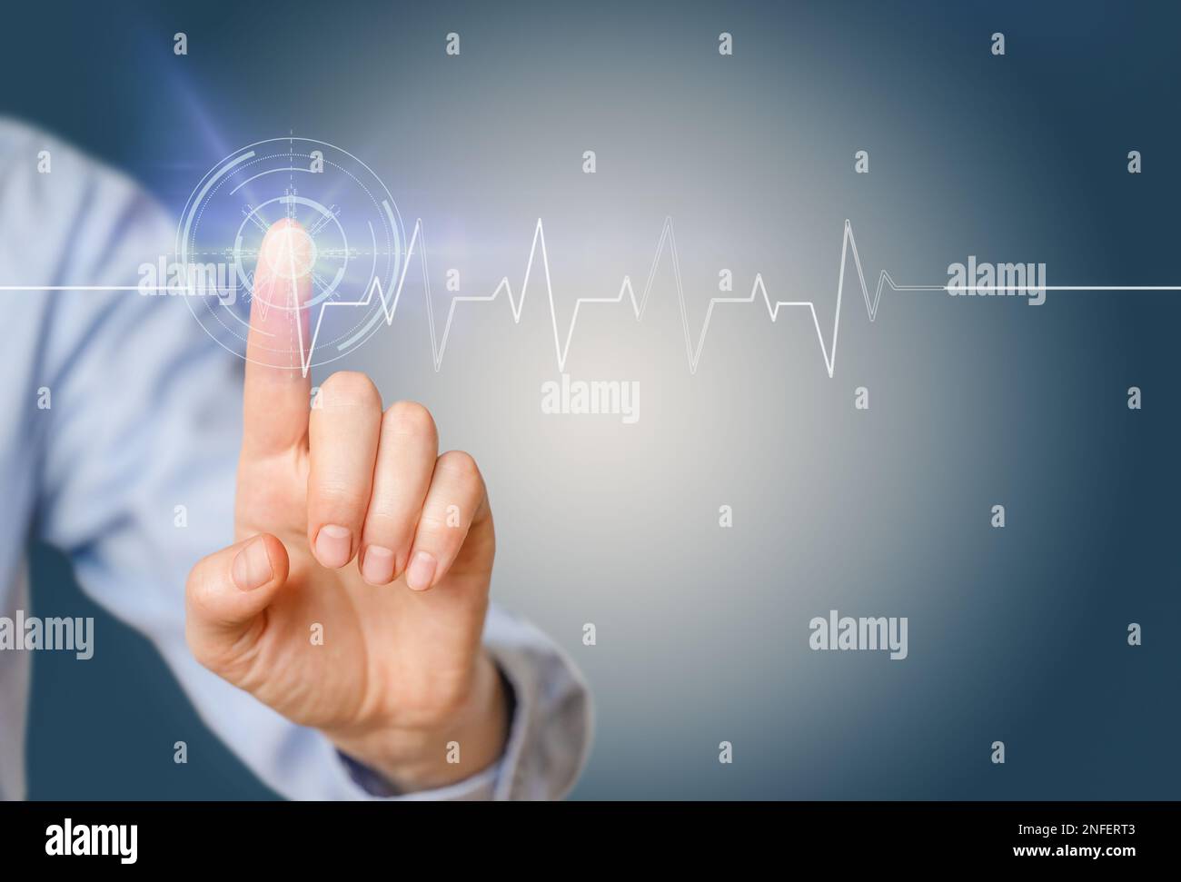 Moderm medicine. Cardiology . Woman's hand uses the icon holograms ...