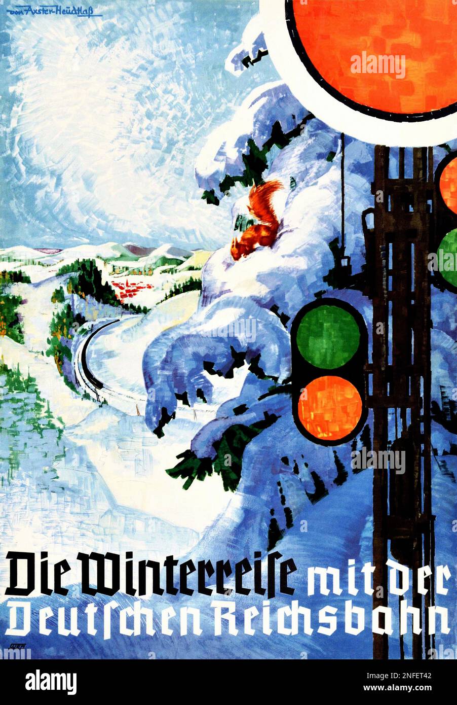 Vintage 1936 Poster -Winter travels with the German Reichsbahn- Imperial German Railways Steam train Deutsche Bahn Stock Photo