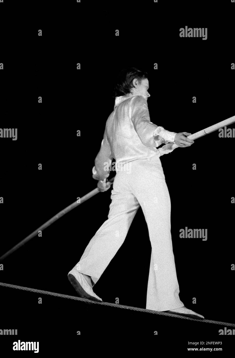 French tightrope walker Philippe Petit is shown during his performance ...
