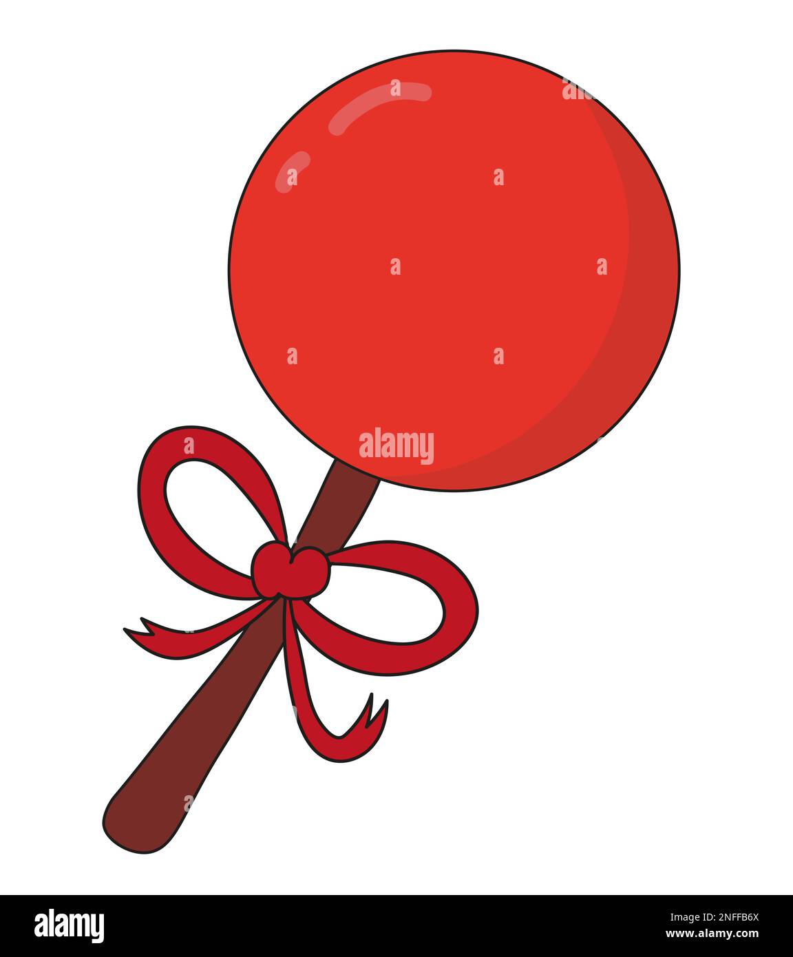 Red round lollipop with ribbon. Candy vector illustration. Dessert sweet food sticker icon. Stock Vector