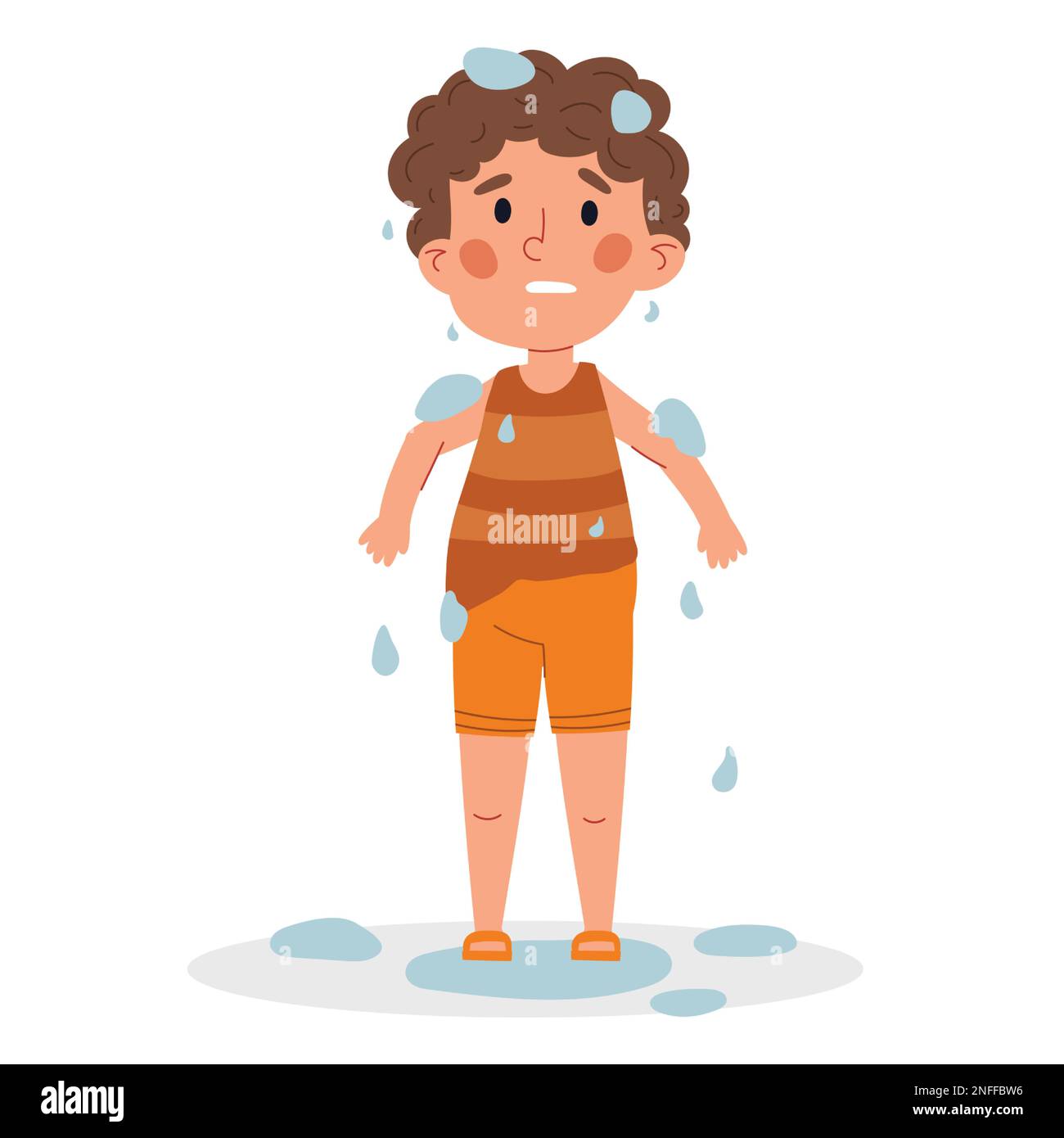 Wet rainy child. Boy in bad weather wet. Cartoon vector illustration Stock Vector