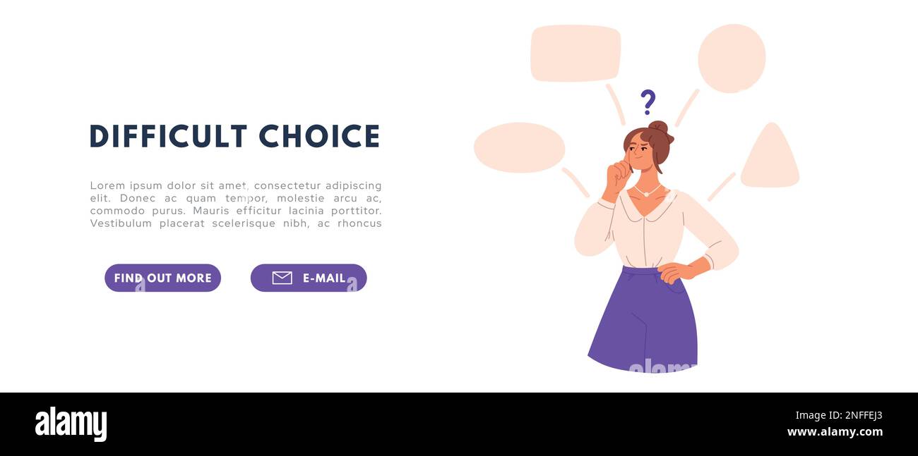 Woman choose and doubt. Choose complex ways concept. Solution making path. Flat vector illustration Stock Vector