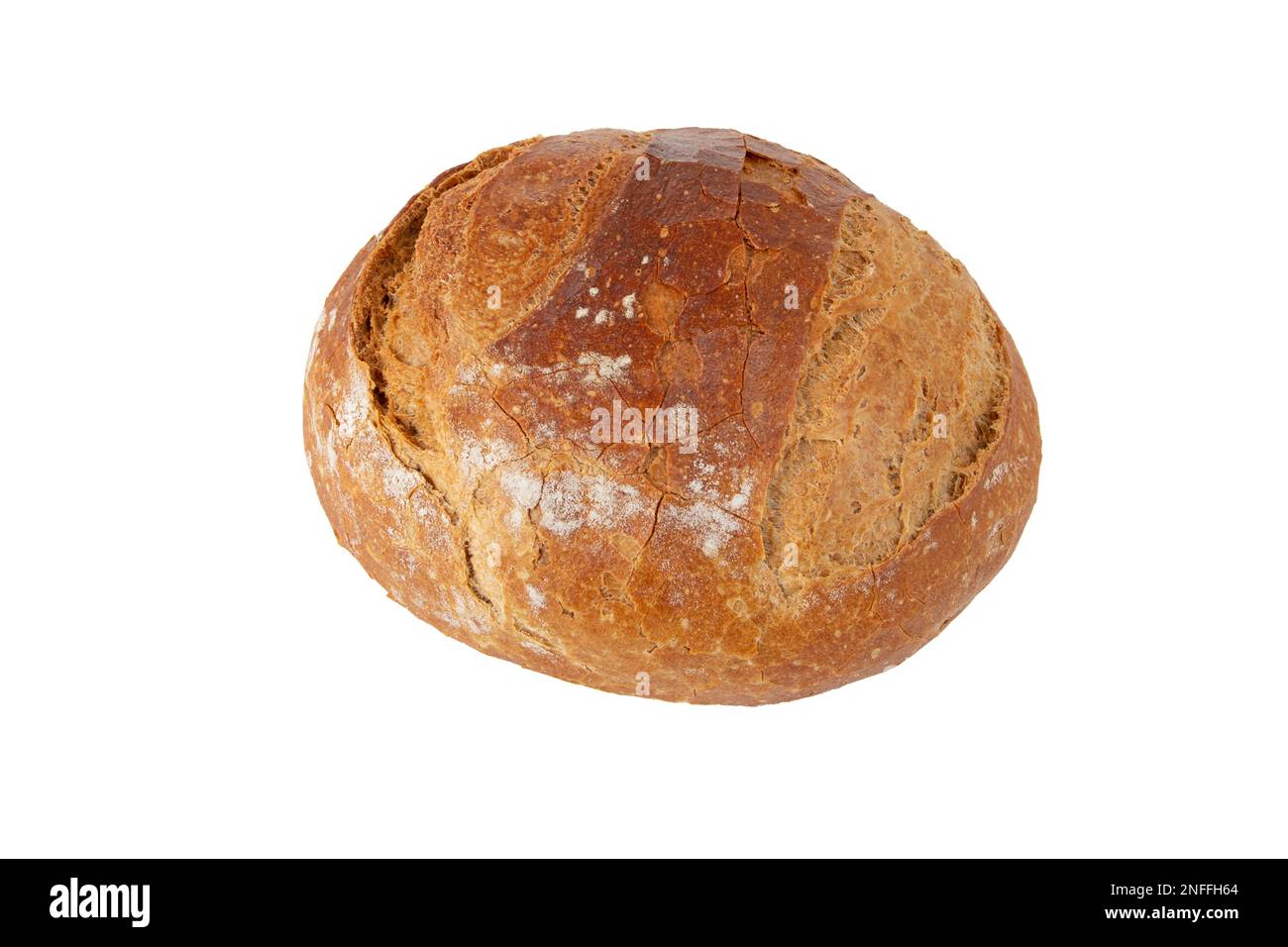 Rye and wheat sourdough bread round loaf with crispy crust isolated on