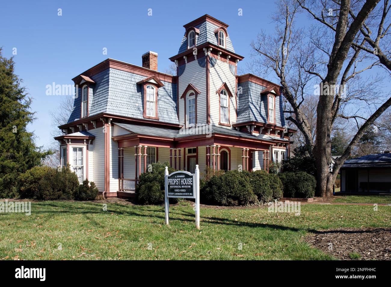 HICKORY, NC, USA-14 FEB 2023: Elegant Second Empire French cottage, the Summie Propst house, functions as a museum in Shuford Memorial Park near downt Stock Photo