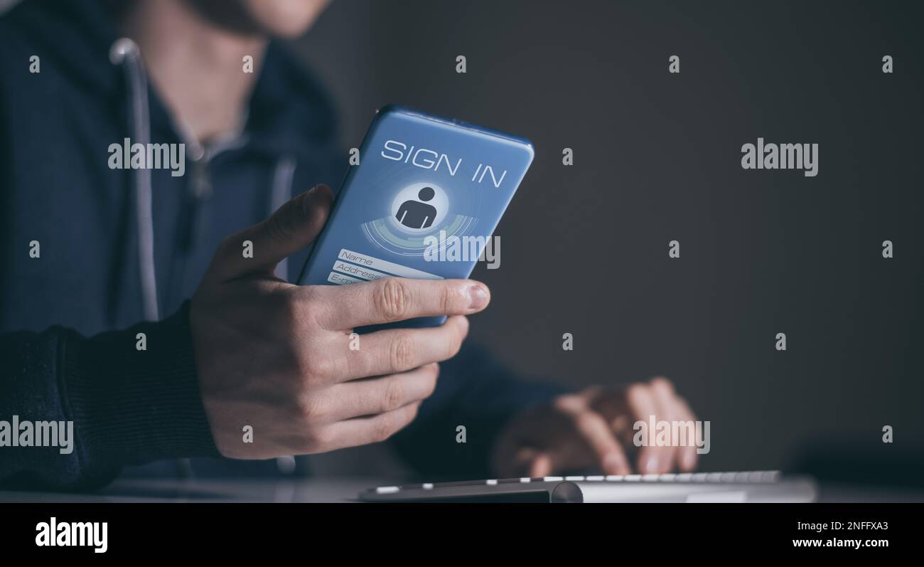 Man sign up and login. Registration, enter, sign in, membership concept ...