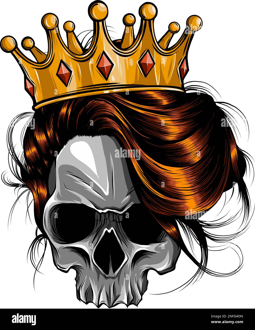 Queen of death. Portrait of a skull with a crown and long hair. Stock Vector