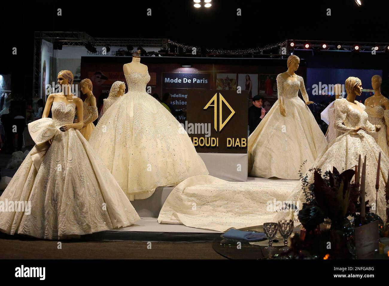 Beirut, Lebanon. 16th Feb, 2023. Wedding dresses are displayed at a