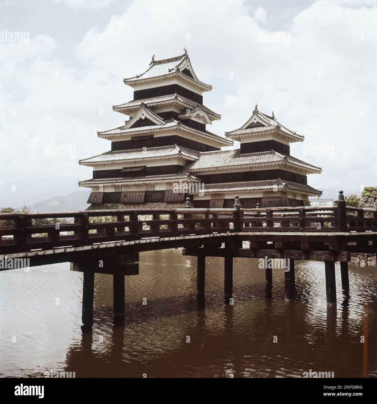 Exterior views showing moats around Matsumot Castle, in Tokyo, Japan ...