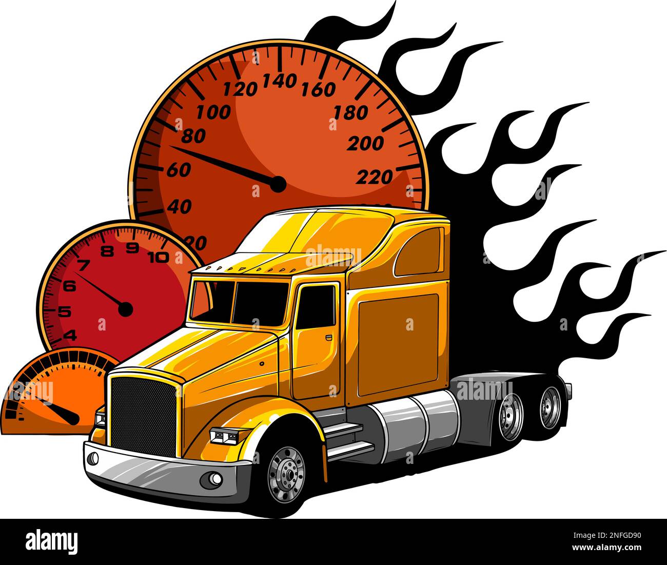 vector illustration of truck with odometer and flames Stock Vector