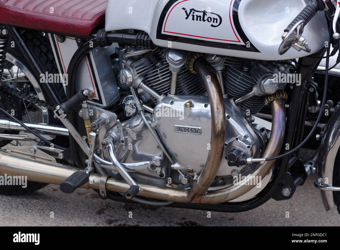 A 1,000cc Vincent V-twin engine in a Norton Featherbed frame, with clip-on handlebars and rear-set footrests and controls. Stock Photo