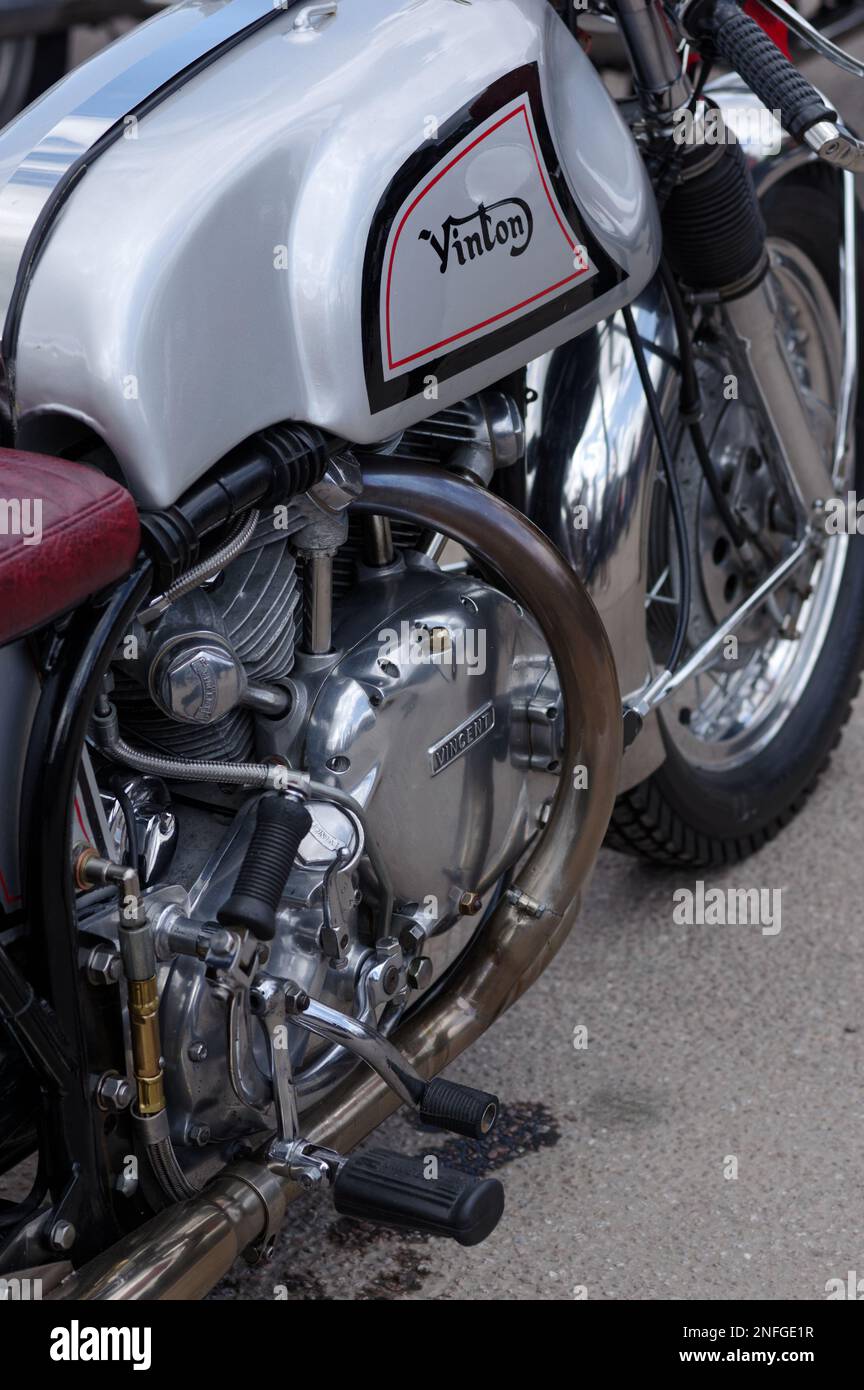 A 1,000cc Vincent V-twin engine in a Norton Featherbed frame, with clip-on handlebars and rear-set footrests and controls. Stock Photo