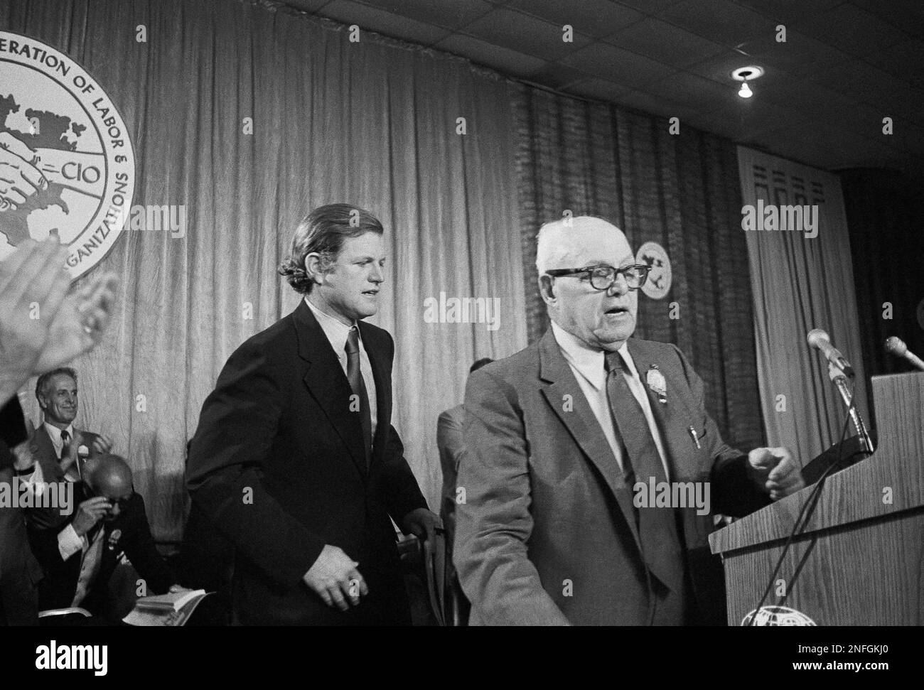 George Meany, AFL -CIO President, right, applauds after introducing Sen ...