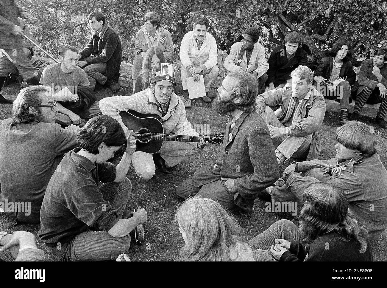 A large group of long-haired hippies greeted the sunrise, from the 