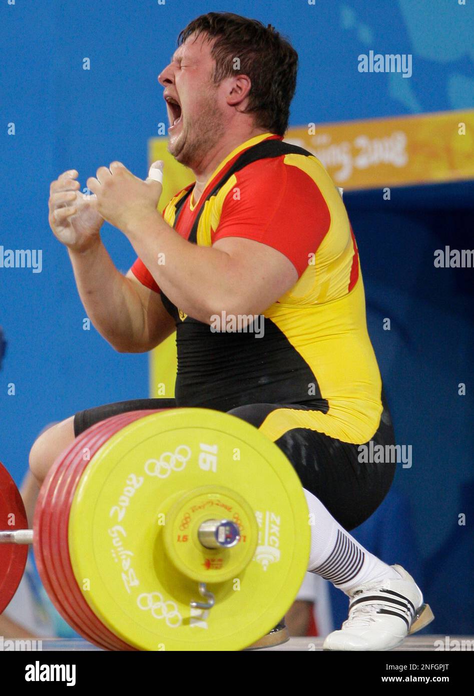Gold medalist, Matthias Steiner of Germany celebrates a successful lift in the mens +105 kg, weightlifting competition at the Beijing 2008 Olympics in Beijing, Tuesday, Aug