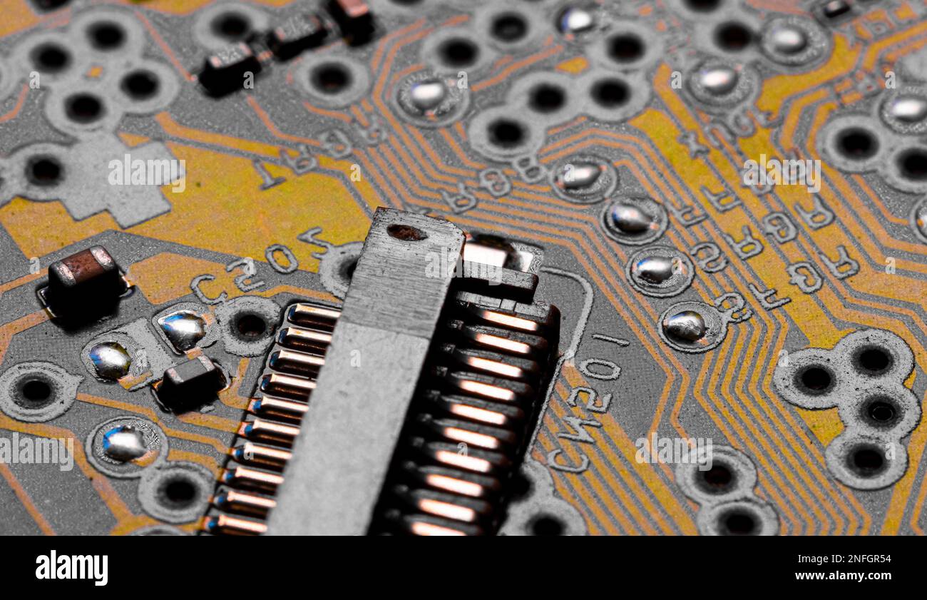 Macro Close up of printed wiring and components on PC circuit board ...