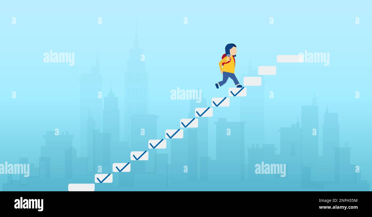 Progression from start to success in education. Vector of a girl