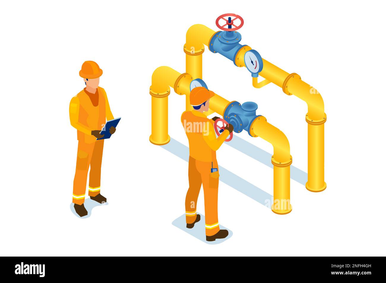 Isometric vector of a gas industry maintenance men opening or closing pipeline valve. Gas industry, gas transport system concept Stock Vector