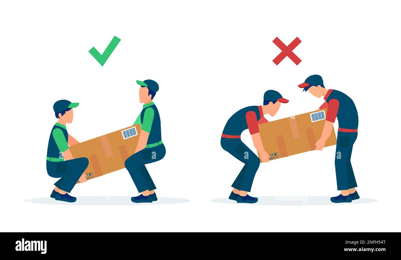 Objects lifting technique concept. Vector of movers workers load heavy boxes safety with correct body ergonomic positions vs wrong posture Stock Vector