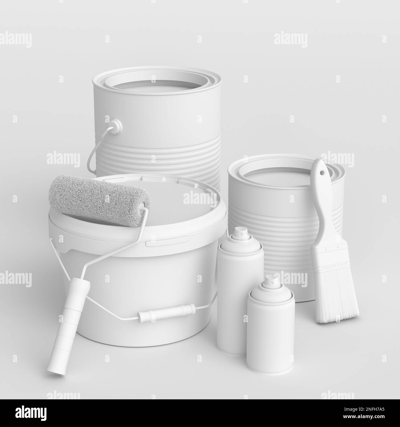 Set of metal and plastic buckets, spray paint, paint roller and brush