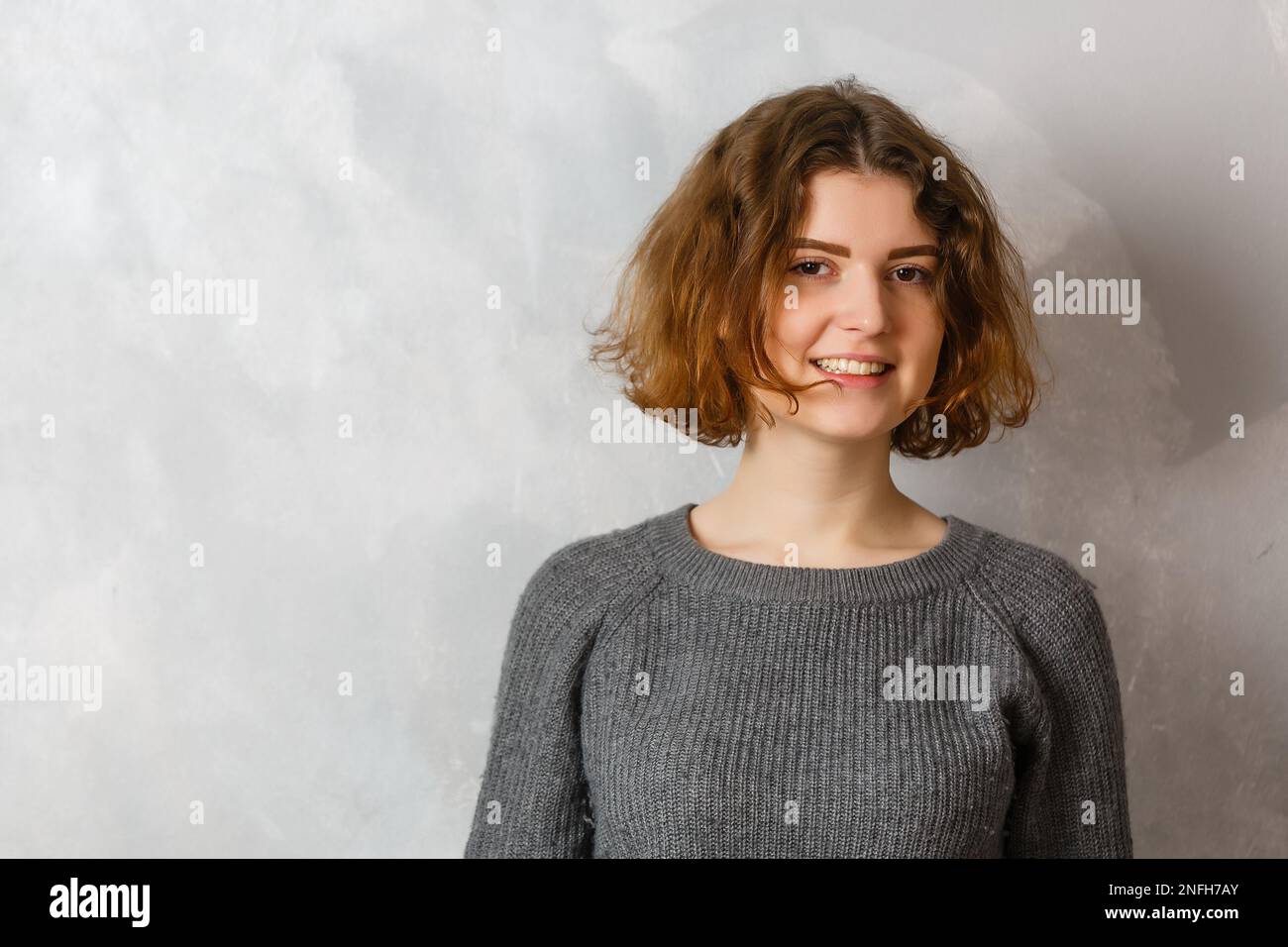 Portrait of young beautiful cute cheerful girl smiling looking at ...