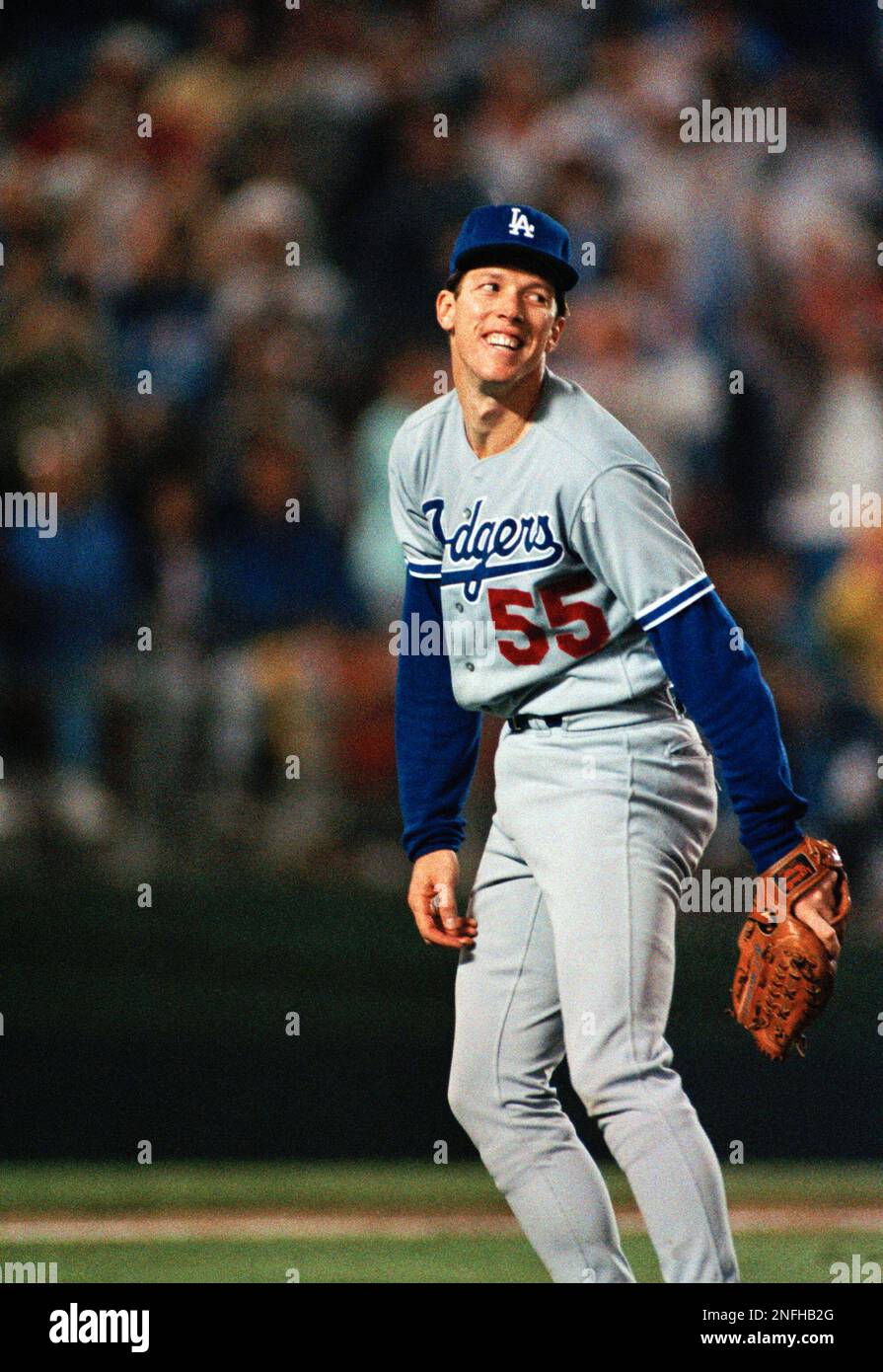 Los Angeles Dogers Pitcher Orel Hershiser is all smiles as he watches the  final out during his record setting performance on Wednesday, Oct.3, 1988  in San Diago. Hershier pitched 59 consecutive scoreless