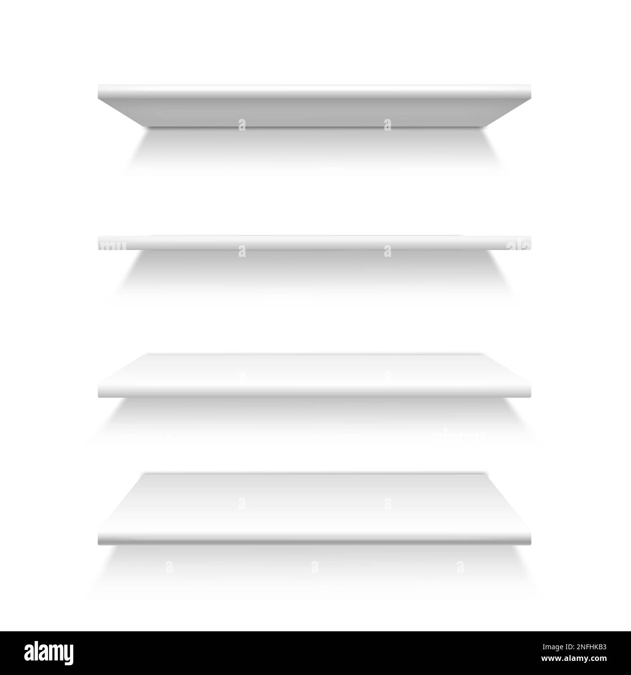 Layout of four white shelves on the wall, in perspective. Shelving for