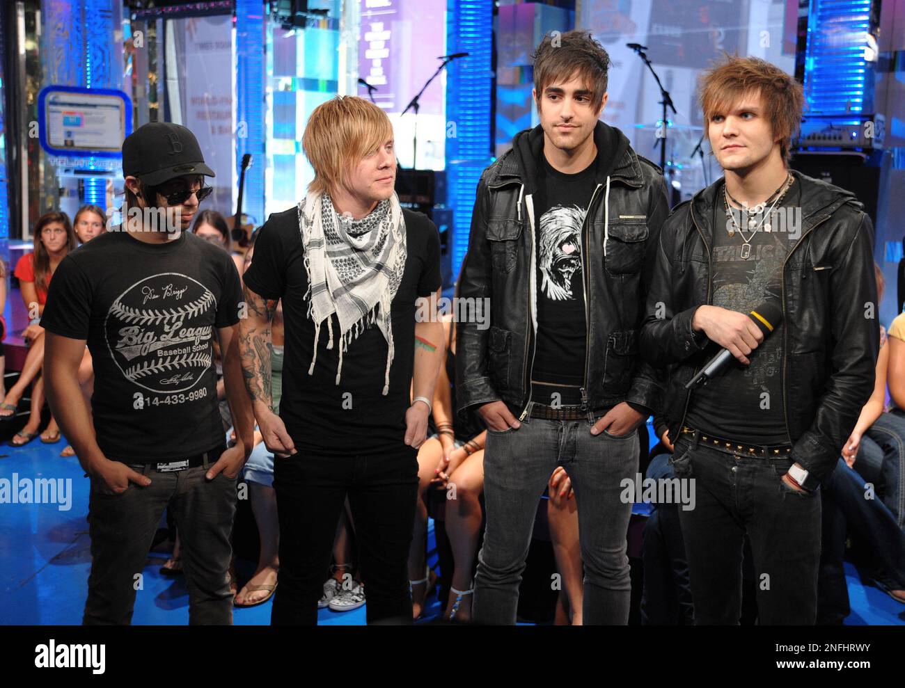 From left, John Keefe, Martin Johnson, Bryan Donahue, and Paul DiGiovanni  of the music group Boys Like Girls make an appearance at MTV Studio's in  Times Square for MTV's \, image size:1300x989