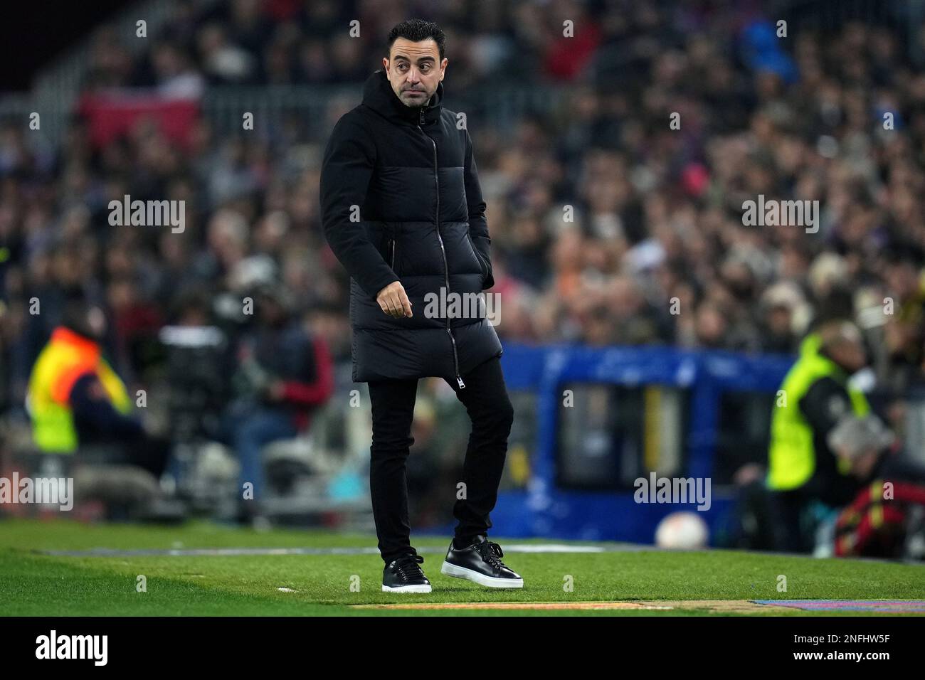 FC Barcelona head coach Xavi Hernandez during the La Liga match between FC Barcelona and Manchester United played at Spotify Camp Nou Stadium on February 16, 2023 in Barcelona, Spain. (Photo by Sergio Ruiz / PRESSIN) Stock Photo