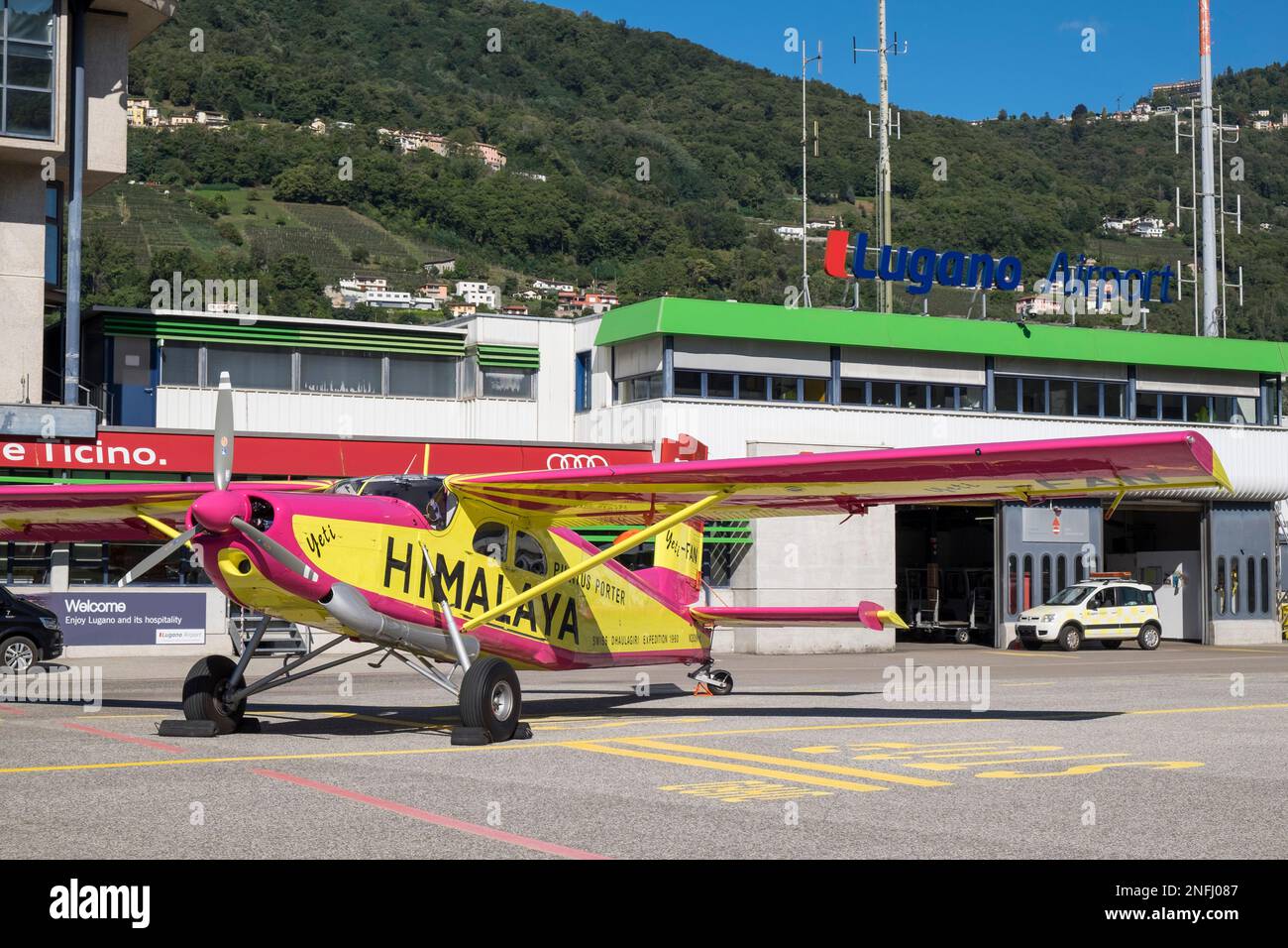Switzerland, AgnoLugano Airport, Plane stationed on the runway Stock