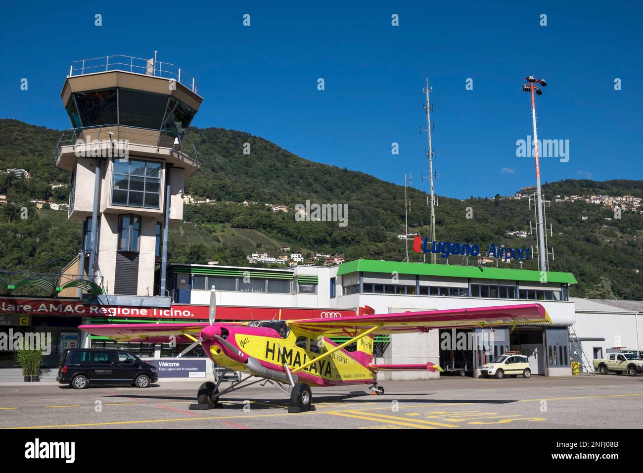 Switzerland, AgnoLugano Airport, Plane stationed on the runway Stock